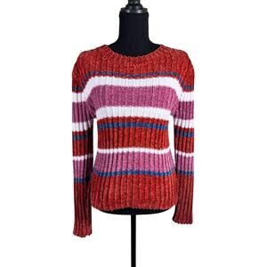 Altar'd State Womens Small Chenille Striped Sweater Red Purple Blue Plush